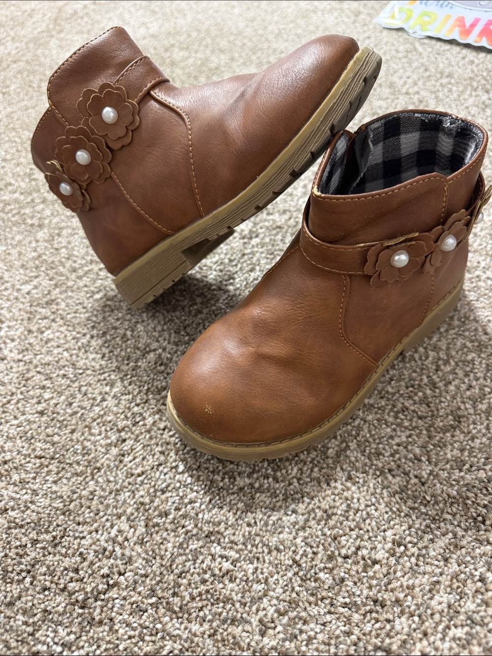 Girls' Brown Floral Pearl Ankle Boots - Kids Shoes